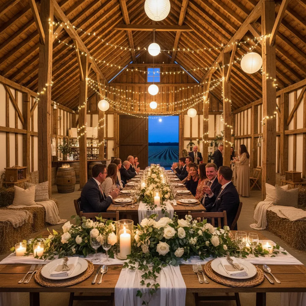 Feestzaal in de boerderijschuur van 't Geertje, gedecoreerd voor een feest