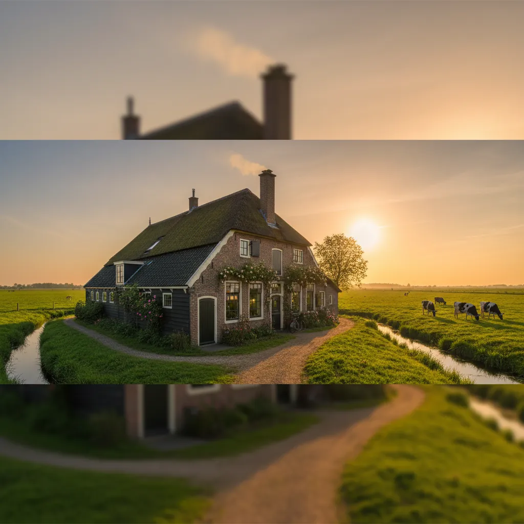 't Geertje boerderij in de polder bij Zoeterwoude, zonsondergang boven de weilanden