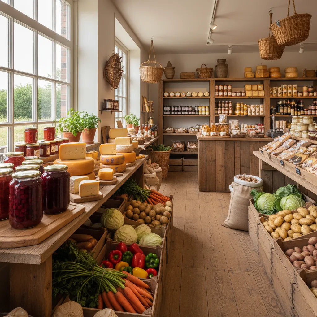 Interieur van de boerderijwinkel van 't Geertje met streekproducten